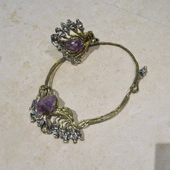 Vintage Brutalist Copper Brass Amethyst Quartz Ne