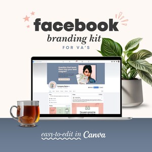 Puede incluir: Un ordenador portátil que muestra una plantilla de página de Facebook para un negocio de asistente virtual. La plantilla presenta un esquema de color rosa y verde e incluye una llamada a la acción con el texto "Question that leads them into your lead magnet?" El texto "easy-to-edit in Canva" se muestra debajo del portátil.