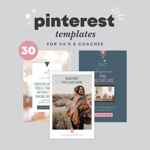 May include: A set of 30 Pinterest templates for virtual assistants and coaches. The templates feature a minimalist design with a pink and blue color scheme. The text on the templates includes "Creative AF Tools I Can Without Online Business", "Blog Post Title Goes Here", and "Grab Yours Now Mini Masterclass".