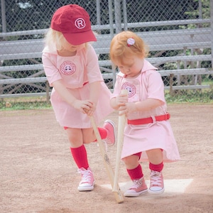 2t or 24 month, A League of Their Own Rockford Peaches inspired Dottie Baseball dress with belt and front patch, Halloween, birthday