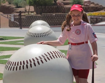 Size 4/4T girls A League of Their Own Rockford Peaches "Dottie' Dress with belt, front patch,  Photo op, birthday, Halloween costume,