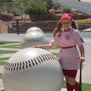 Size 4/4T girls A League of Their Own Rockford Peaches "Dottie' Dress with belt, front patch,  Photo op, birthday, Halloween costume,