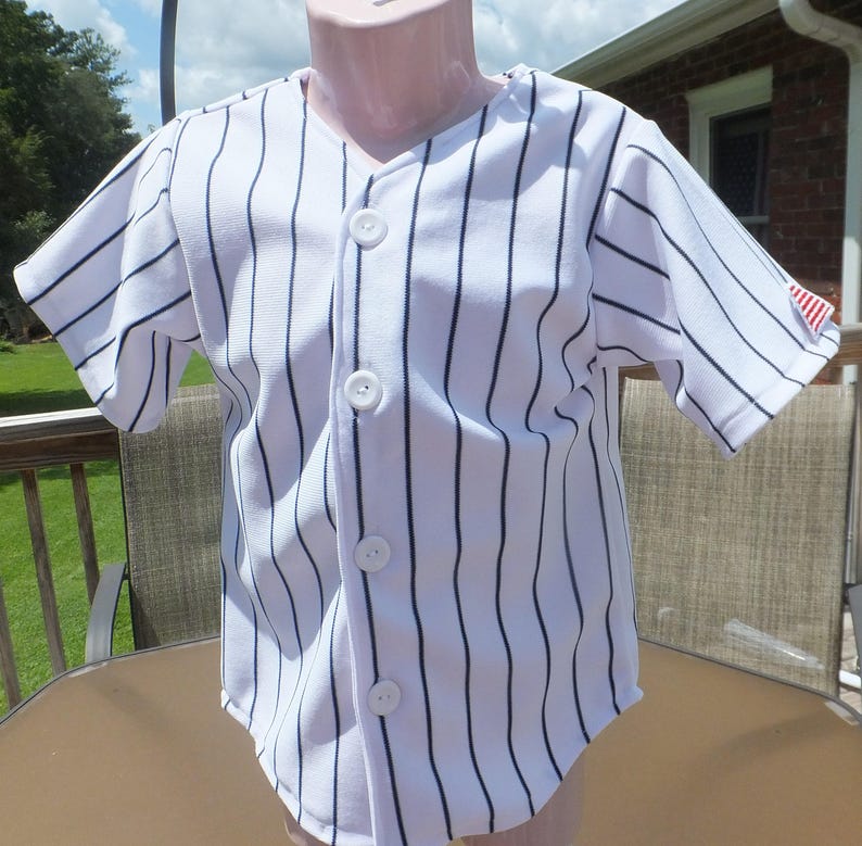 Navy Blue and white Pinstripe Baseball Jersey, Spring or summer weight knit fabric, NB, 6, 12 or 18 month Infants. Cake Smash, 1st Birthday image 1