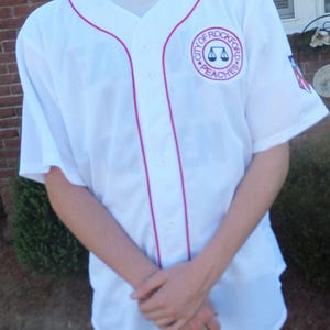 Youth Large Jimmy Dugan, League of Their Own, (Unisex) Polyester Baseball Button-up White with Red trim Jersey with patches