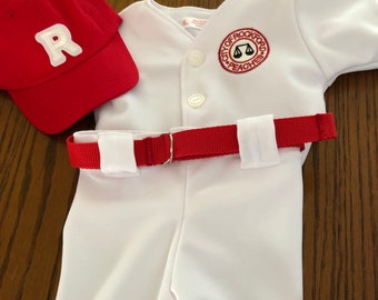 League of Their Own Baseball Uniform - Sizes NB, (6, 12, 18 month) Jersey has Rockford Peaches patch, hat, socks and belt, cake smash, party