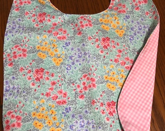 Adult Bib SMALL - Floral, Flowers, Senior Care Bib - Clothing Protector - Special Needs - Reversible Bib with waterproof liner, free ship