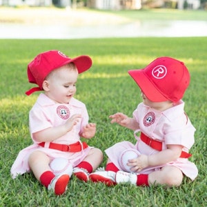 A League of Their Own, 6 month, Rockford Peaches "Dottie" inspired dress with belt and front patch. Baseball dress, infant halloween costume