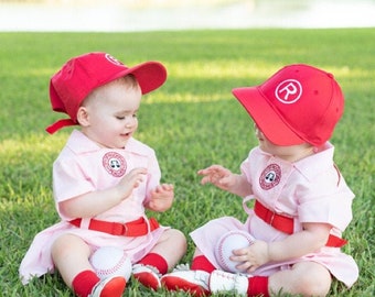 A League of Their Own, 6 month, Rockford Peaches "Dottie" inspired dress with belt and front patch. Baseball dress, infant halloween costume