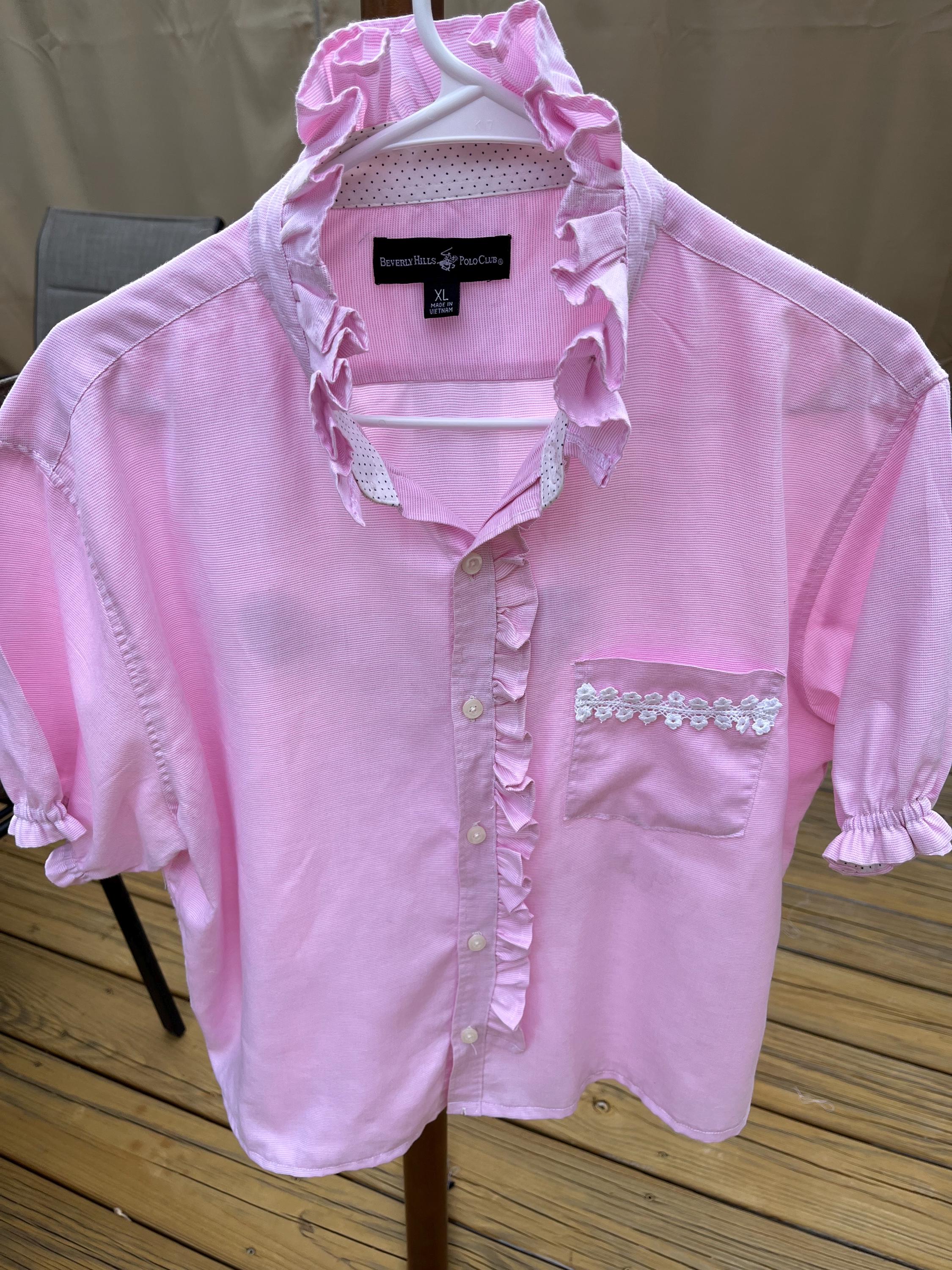 Upcycled Polo Pink Gingham Ladies shirt, Ruffle Collar, Short Sleeve, Small Reworked men's shirt