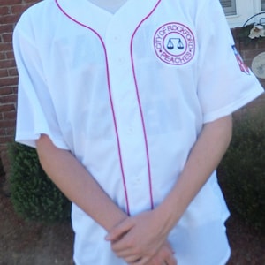 League of Their Own, Adult Medium (Chest 38" - 40") Unisex, Dugan, Light weight White polyester knit Baseball Jersey with red trim Patches