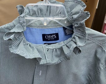Large Men's Chaps dark green Gingham button down dress shirt upcycled into Ladies blouse with ruffled neckline, Long-sleeved. One-of-a-kind