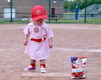 12 month, A League of Their Own Rockford Peaches inspired Dottie Baseball dress with belt and front patch, Halloween, birthday