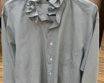 Upcycled Ralph Lauren Gingham shirt, ruffle Collar, Long Sleeve Cotton Shirt, reworked, one-of-a-kind, 2xl