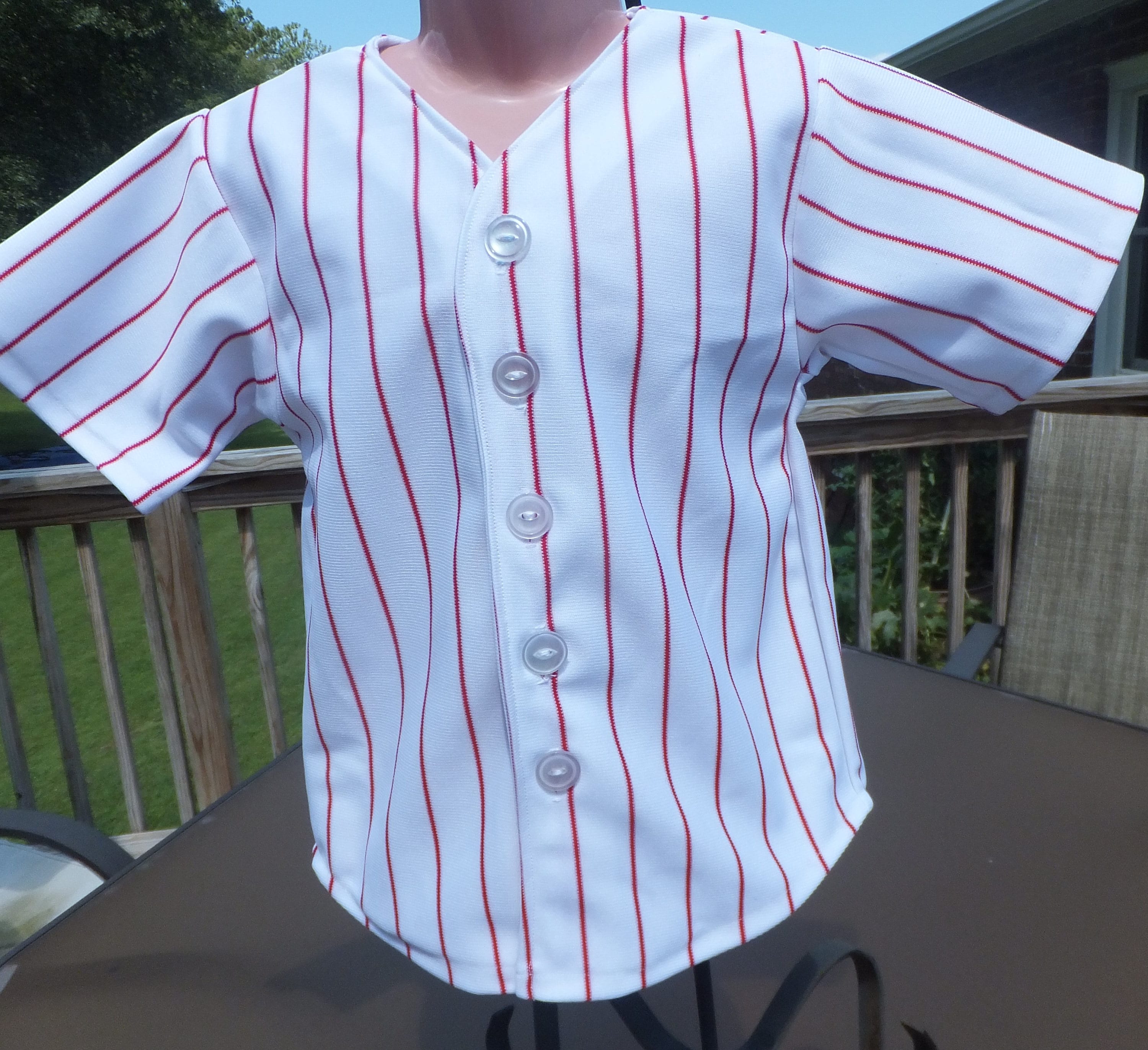 Red and White Pinstripe Knit Baseball Jersey for Infants. NB 