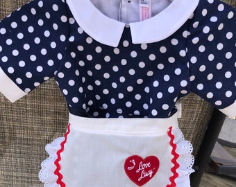 50's Housewife Vintage Inspired Dress, Apron and Hair Tie set - Size 12 month, Lucy, 3 piece set, ready to ship