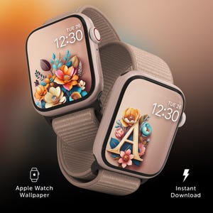 Personalized Apple Watch Face Wallpaper, Initial Letter A Floral iPhone Background, Letter A Monogram, Custom Smartwatch, Beige Aesthetic