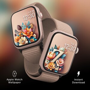 Letter Z Initial Floral Apple Watch Face Wallpaper, Personalized Floral Initial Smartwatch, Rose Gold Watch Beige Aesthetic, Custom Monogram
