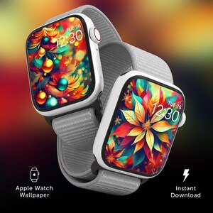 Fondo de pantalla de Apple Watch con coloridas flores de Pascua navideñas, fondo de pantalla de adornos navideños, fondo de pantalla de reloj para vacaciones de invierno, reloj inteligente festivo