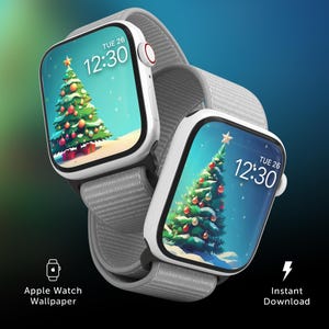 Fondo de pantalla de Apple Watch con regalos de árboles de Navidad, esfera de reloj con árbol de Navidad nevado, fondo de pantalla de reloj de vacaciones de invierno, fondo festivo para reloj inteligente