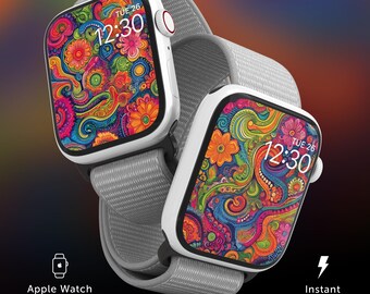 Hippie Blumen Textur Apple Watch Face Wallpaper, Retro Hippie Art Hintergrund, Bunt iPhone Lockspange, Blumen Smartwatch Screen