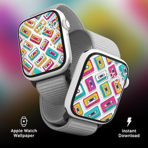 Quadrante colorato per Apple Watch con musicassetta, sfondo musicale, salvaschermo multicolore retrò, sfondo per smartwatch, perfetto per gli amanti degli anni '80