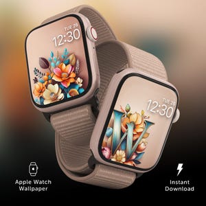 Letter W Initial Floral Apple Watch Face Wallpaper, Personalized Floral Initial Smartwatch, Rose Gold Watch Beige Aesthetic, Custom Monogram