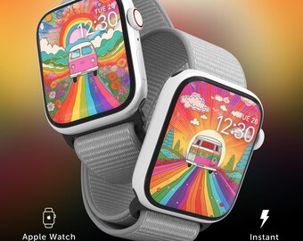 Hippie Van Apple Watch Face Wallpaper, bunter Regenbogen Bildschirmschoner, sonniger iPhone Hintergrund, süßer Frauen Lockschirm