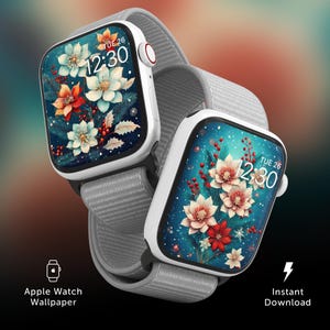 Fondo de pantalla de reloj con esfera de manzana y flores de Pascua navideñas, fondo de pantalla floral navideño colorido, fondo de pantalla de reloj de vacaciones de invierno, fondo festivo