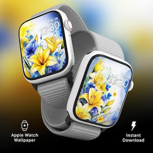 Blue & Yellow Floral Apple Smart Watch Wallpaper, Watercolor Flowers iPhone Background, Spring Smartwatch Screensaver