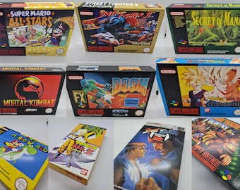 May include: A collection of ten Super Nintendo Entertainment System (SNES) game cartridges. The cartridges are arranged in two rows of five. The cartridges are all in their original packaging. The games include Super Mario All-Stars, Street Fighter II, Secret of Mana, Mortal Kombat, Super FX, Doom, Dragon Ball Z:  Saiyan,  Super Street Fighter II,  Earthbound, and Dragon Ball Z.