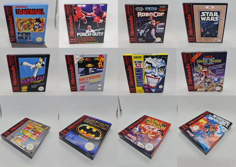 Op de afbeelding: Een verzameling Nintendo-videogameboxen, met titels als "Dragonball", "Punch-Out!!", "RoboCop" en "Star Wars". De dozen tonen kleurrijke graphics en speltitels, met klassieke videogamekunst. De games komen uit de jaren 80 en 90.