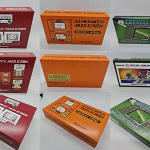 May include: A selection of vintage Nintendo Game & Watch Multi Screen and Crystal Screen game boxes. The boxes display colourful graphics and text, including "Mario Bros," "Donkey Kong," and "Balloon Fight." These retro gaming collectibles are in various colours.