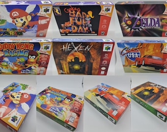 May include: A collection of Nintendo 64 video game boxes. Titles include "Super Mario 64", "Conker's Bad Fur Day", "The Legend of Zelda: Majora's Mask", "Diddy Kong Racing", "Hexen", and "Crush USA". The boxes feature colorful graphics and game titles.