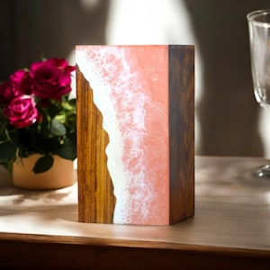 Personalized Handcrafted Wooden Memorial Urn Box with Resin Ocean Waves – Unique Cremation Keepsake for Ashes, Sympathy Gift, Pet Urn