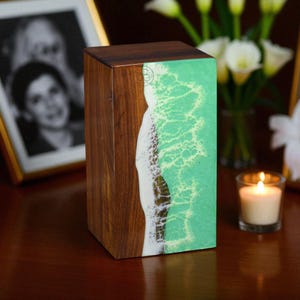 Handmade Wooden Cremation Urn: Resin Ocean Wave Inlay