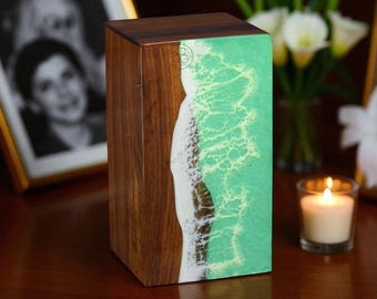 Handmade Wooden Cremation Urn: Resin Ocean Wave Inlay