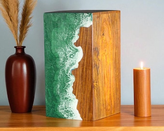 Handcrafted Rosewood Cremation Urn with Green Ocean Wave Resin Art