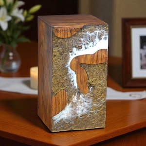 Handcrafted Rosewood Cremation Urn: Ocean Wave Resin Inlay, Memorial Urn