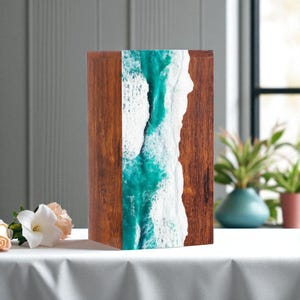 Handmade Ocean Wave Resin Urn: Rosewood Cremation Box, Coastal Memorial