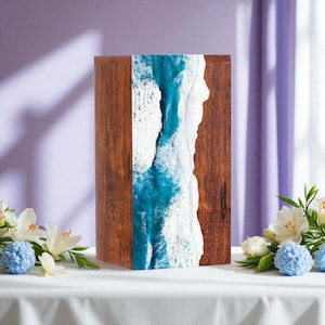 Blue Ocean Wave Resin Urn – Handcrafted Rosewood Cremation Box for Ashes | Coastal Memorial Keepsake | Personalized Funeral Urn