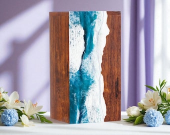 Handcrafted Rosewood Cremation Urn - Green Ocean Wave Resin Inlay, Personalized Memorial
