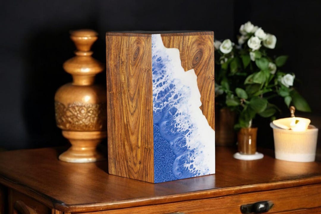 Handcrafted Rosewood Urn Box: Ocean Wave Resin Design, Memorial ...