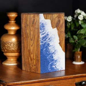 Handcrafted Rosewood Ocean Wave Urn Box for Human Ashes - Unique Memorial Keepsake - Ocean-Inspired Wood & Resin Design.