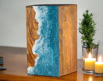 Handcrafted Rosewood Urn Box: Ocean Wave Design, Personalized Memorial