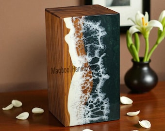 Personalized Ocean Resin Cremation Urn – Handmade Wooden Memorial Box