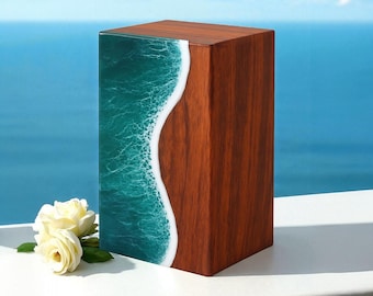 Handmade Wooden Cremation Urn: Ocean Resin Inlay Memorial Box