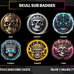 Insignias de suscripción de Skull / Insignias de Twitch / Insignias de suscripción de Twitch / Insignias de Bit Twitch / Insignias de Crown Skull / Insignias de Deathly / Insignias de Discord / Insignia de Kick