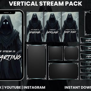 May include: A digital stream pack with a dark, gothic theme. The pack includes a phone screen graphic with the text "The Stream Is Starting", and various overlay elements with text like "Subscribe" and "Twitch".