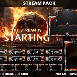 Burning Skull Twitch Stream Pack | Twitch Screen Overlay | Animated Screens | Twitch Alerts | Fire Overlay | Twitch Panels | Intermission