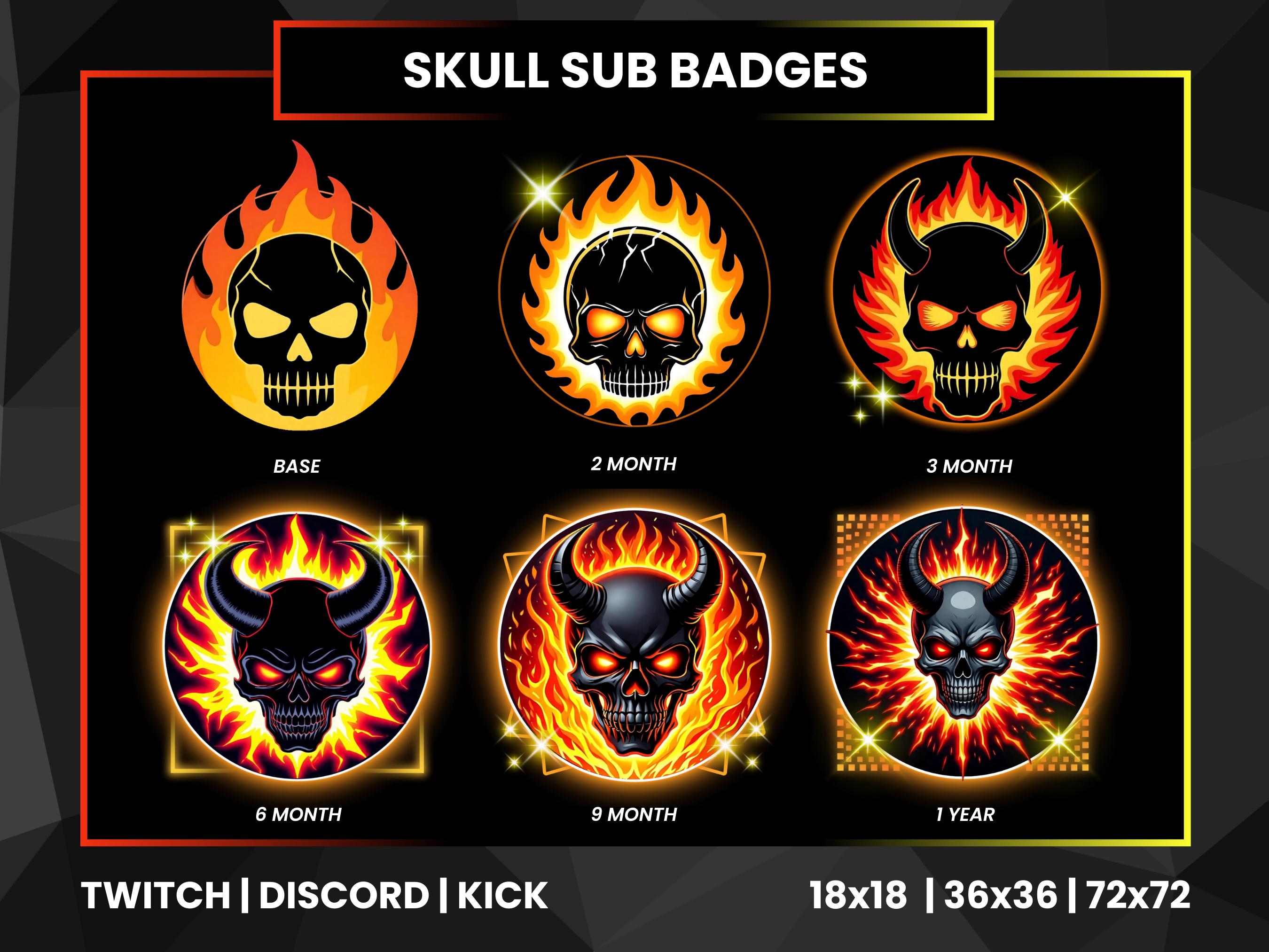 Twitch、Discord、Kick用スカルサブバッジ | ファイアリースカルストリームパック | ゲーマー向けサブスクリプションバッジ